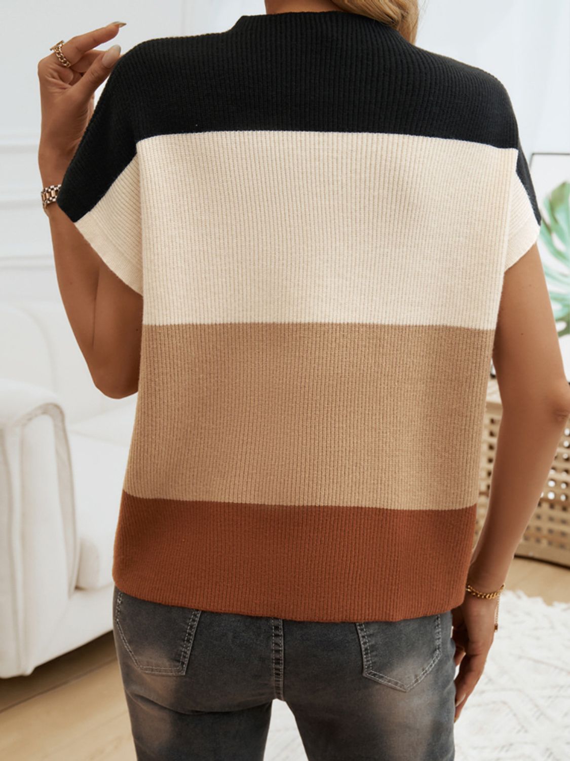 Color Block Round Neck Short Sleeve Sweater